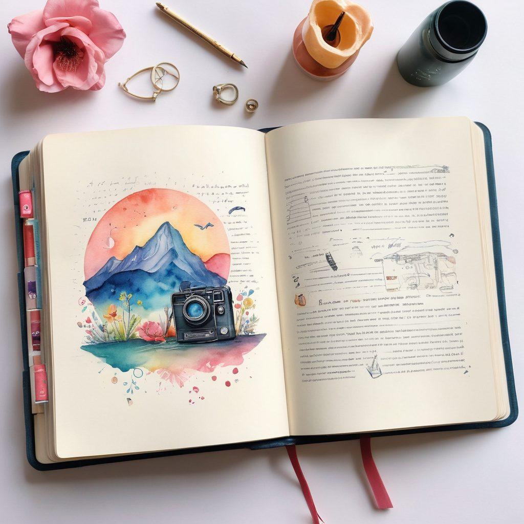 A beautifully crafted personal diary, open to a page filled with creative sketches and handwritten notes. Surrounding the diary are floating words, symbols, and vibrant images representing digital storytelling, like a film reel, a microphone, and social media icons. Soft light illuminates the diary, creating a warm, inviting atmosphere to inspire readers. Artistic touch with watercolor effects, a blend of pastel colors, and an ethereal background that suggests a digital landscape. whimsical, watercolor, vibrant colors.