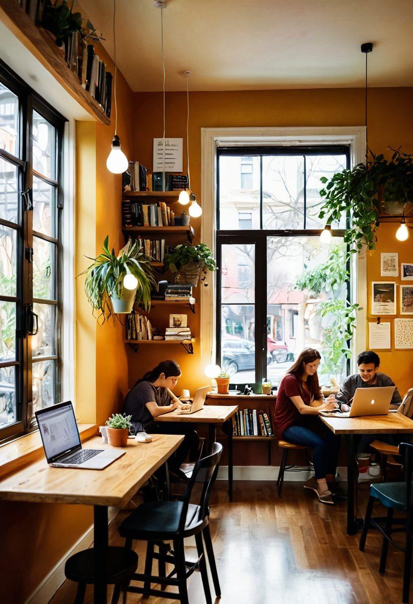 A cozy coffee shop setting where diverse adults are engaged in creative activities like writing on laptops, sketching, and chatting. Add warm lighting, indoor plants, and books on shelves to enhance the community vibe. Include subtle indicators of online blogging, like open laptops displaying articles or social media feeds. The atmosphere should feel inviting and collaborative, reflecting personal expression. super-realistic. warm colors. soft focus.