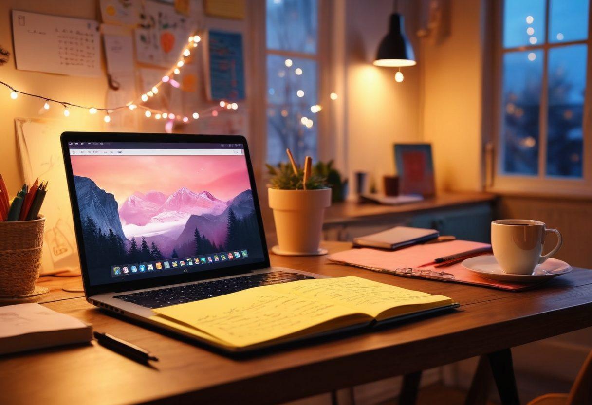A beautifully designed digital diary open on a sleek, modern laptop, surrounded by artistic elements like colorful sketches, vibrant post-it notes, and a cup of coffee. The background shows a soft glow of a cozy room with fairy lights, symbolizing creativity and warmth. Illustrate the concept of storytelling with flowing lines connecting elements like a pen, digital icons, and emotions. super-realistic. vibrant colors. cozy ambiance.